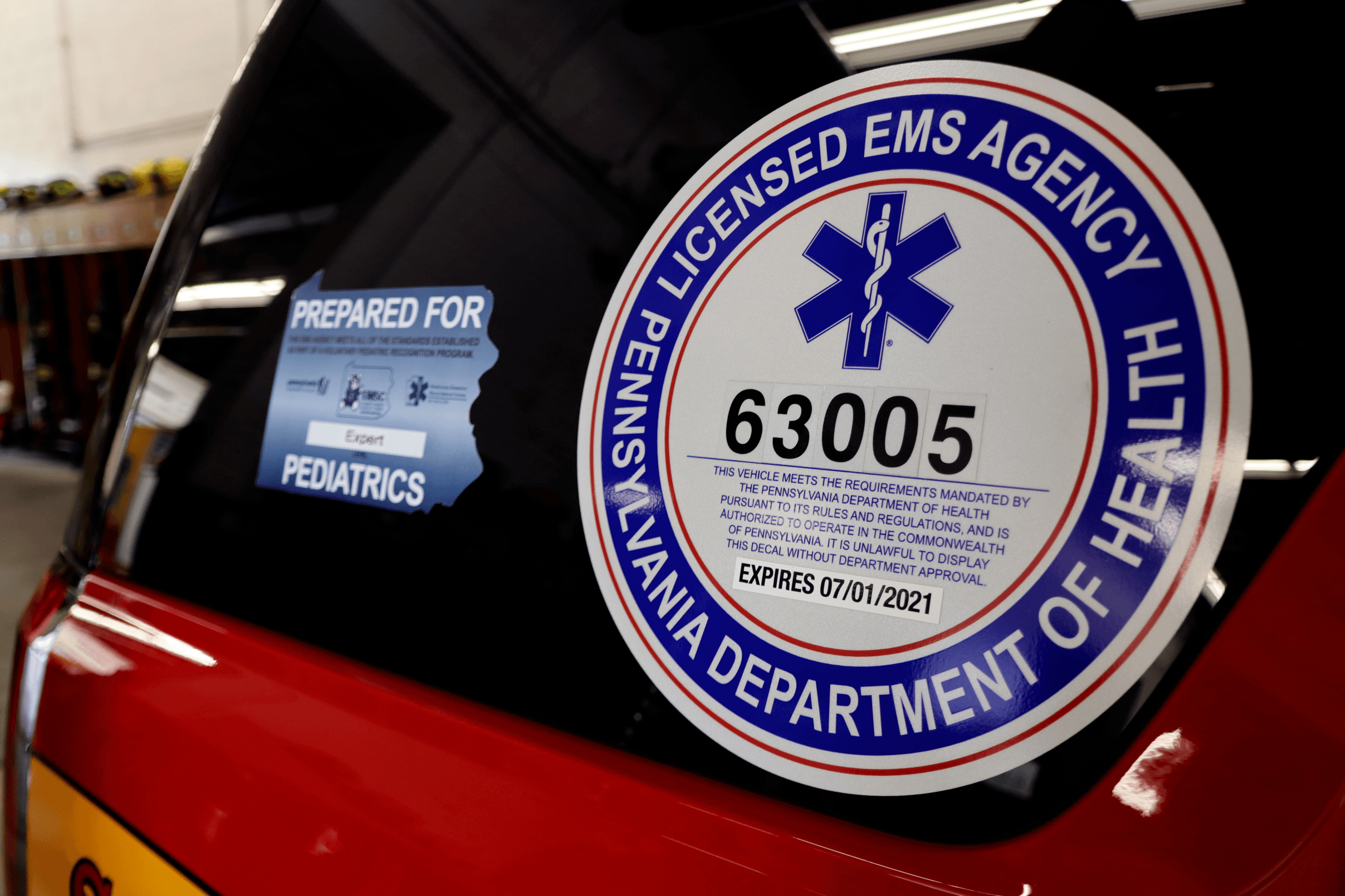 Peters Township Fire Department's ALS Certified Squad 64-1 showing its PA DOH Licensure